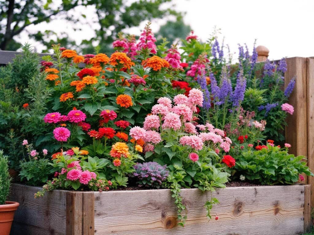 Raised bed with lantana at the back, zinnia, salvia and angelonia beside it, and verbena, portulaca and thyme in front.