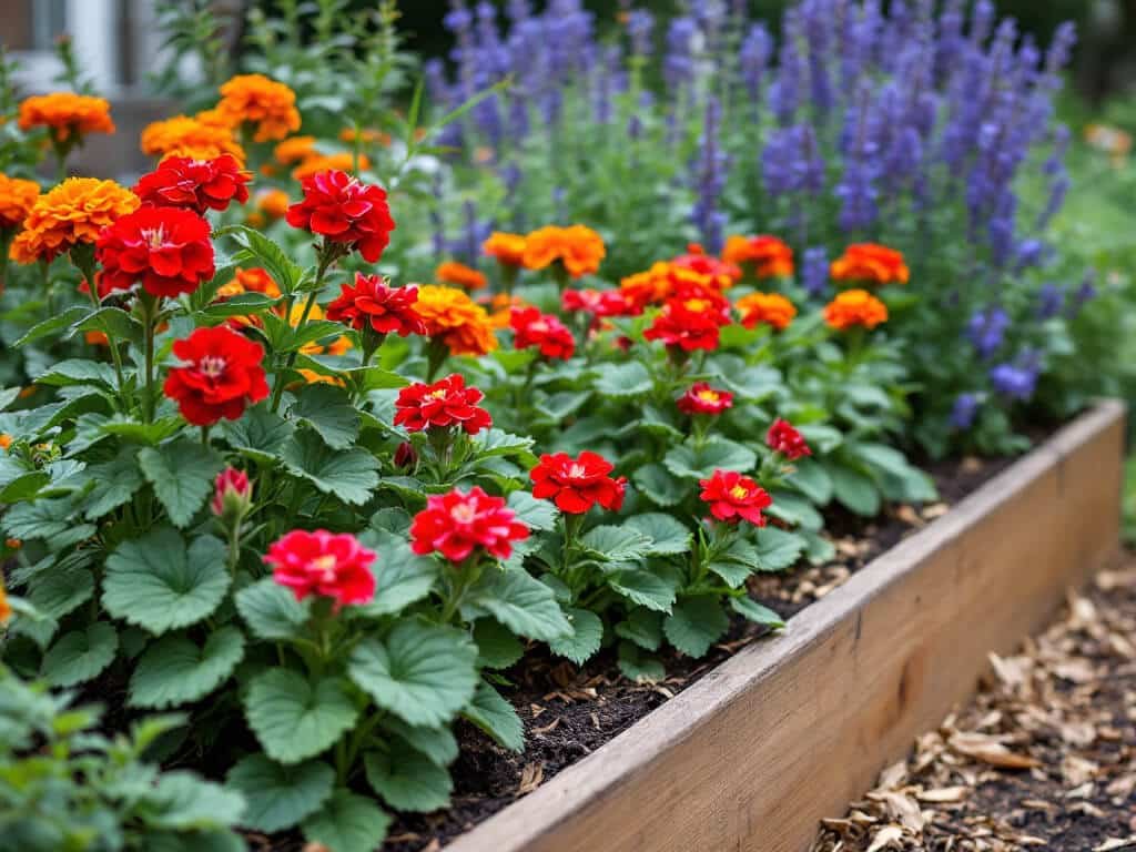 Red zonal geraniums planted with orange marigolds and blue salvia in a mulched raised garden bed.
