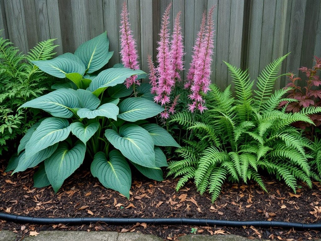 Blue-green hosta growing beside pink astilbe and lady fern in a mulched shade garden bed.