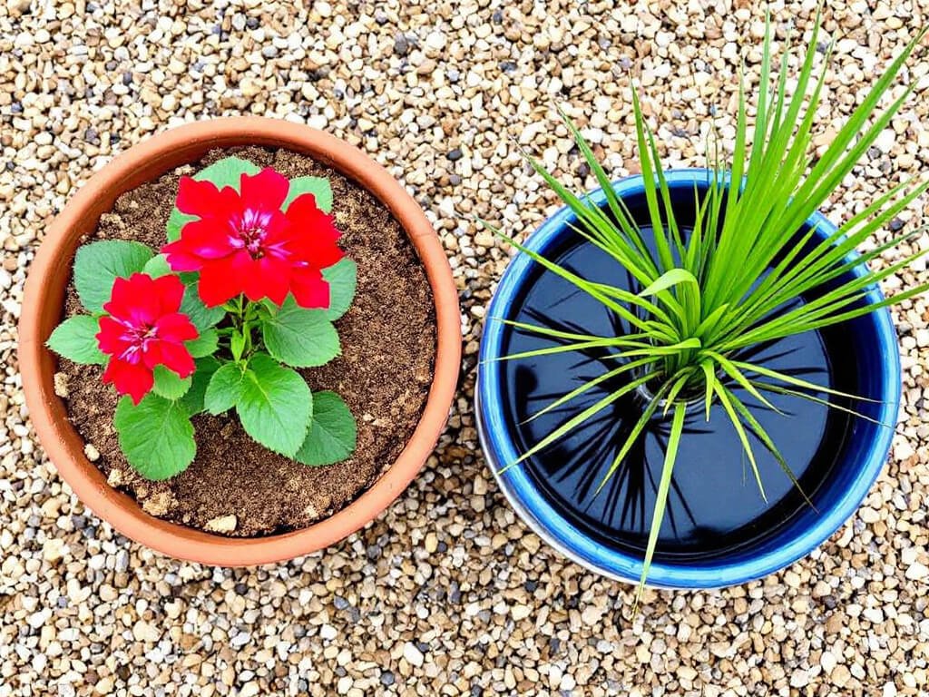 A terracotta pot of red geranium beside a separate pot of umbrella papyrus standing in a saucer of water.