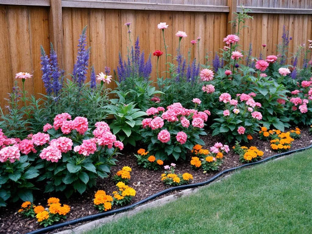 Garden border with geraniums in the middle, marigolds in front, and salvia, snapdragons and cosmos behind.