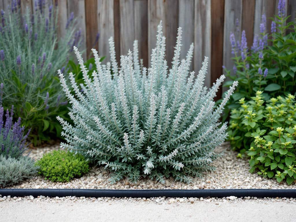Silver lambs ear growing in a sunny gravel-mulched border beside lavender, creeping thyme, and sedum.