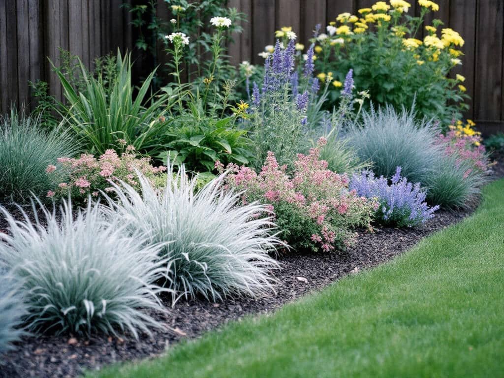 Border layout with lambs ear in front, dianthus and sedum in the middle, and Russian sage and yarrow behind.