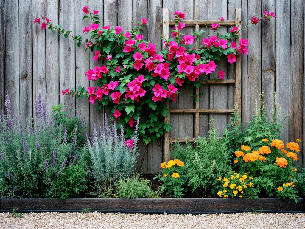 Magenta bougainvillea on a trellis with lavender, rosemary, lantana, and thyme growing together in a raised bed.