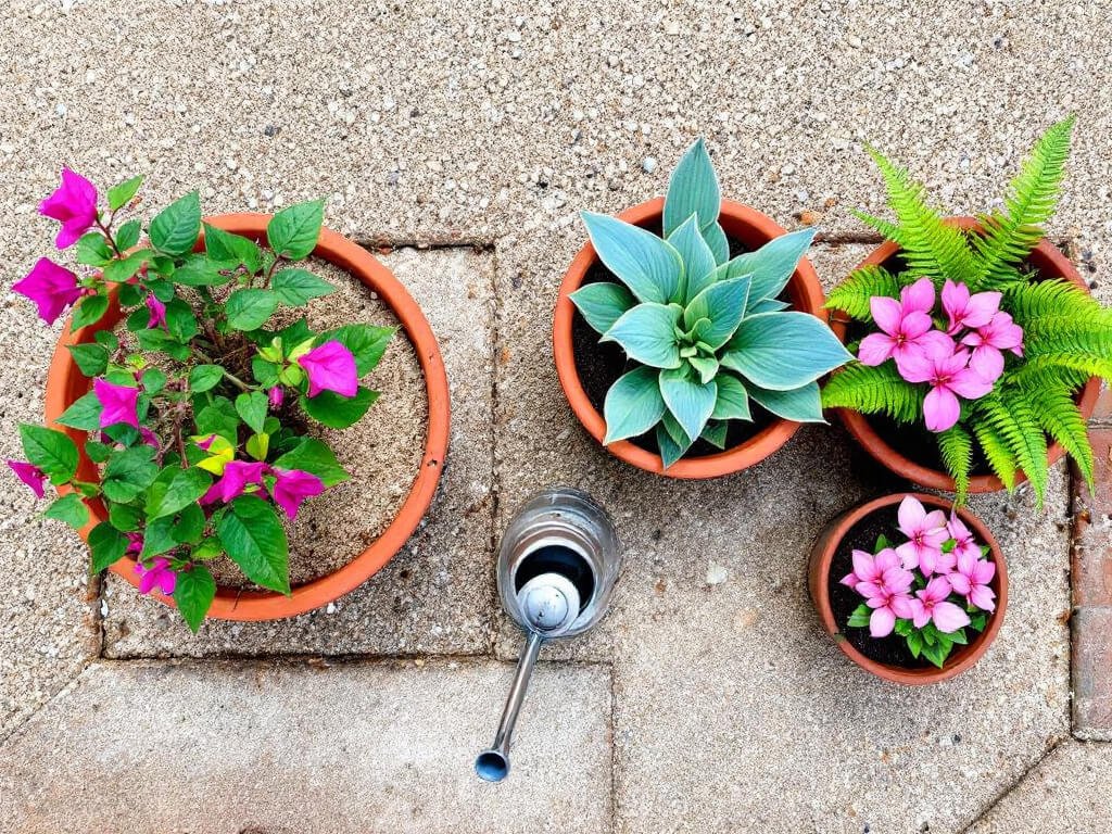 Potted bougainvillea set apart from separate pots of hosta, impatiens, and fern on a gravel patio.