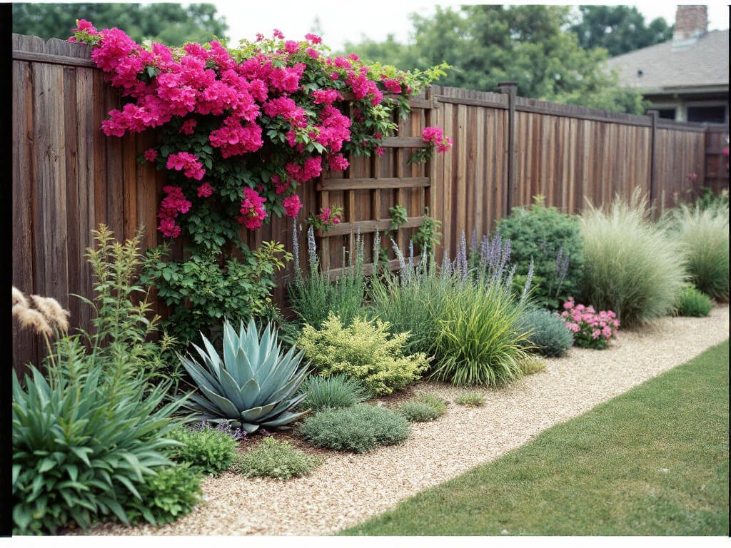 Bougainvillea on a trellis with lavender, rosemary, agave, thyme, verbena, aloe, and fountain grass spaced in tiers.