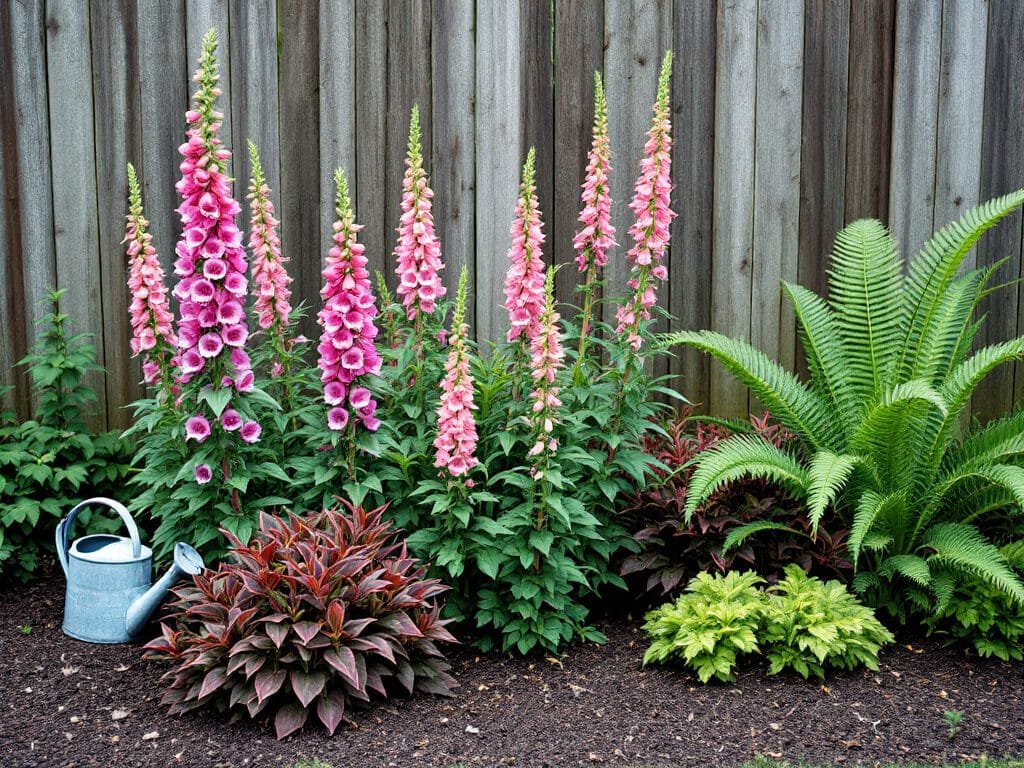 Foxglove with astilbe, coral bells, and a fern growing together in a mulched part-shade garden bed.