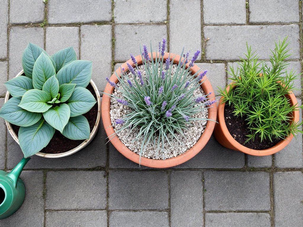A potted hosta beside separate pots of lavender and rosemary on a patio, showing plants with different needs.