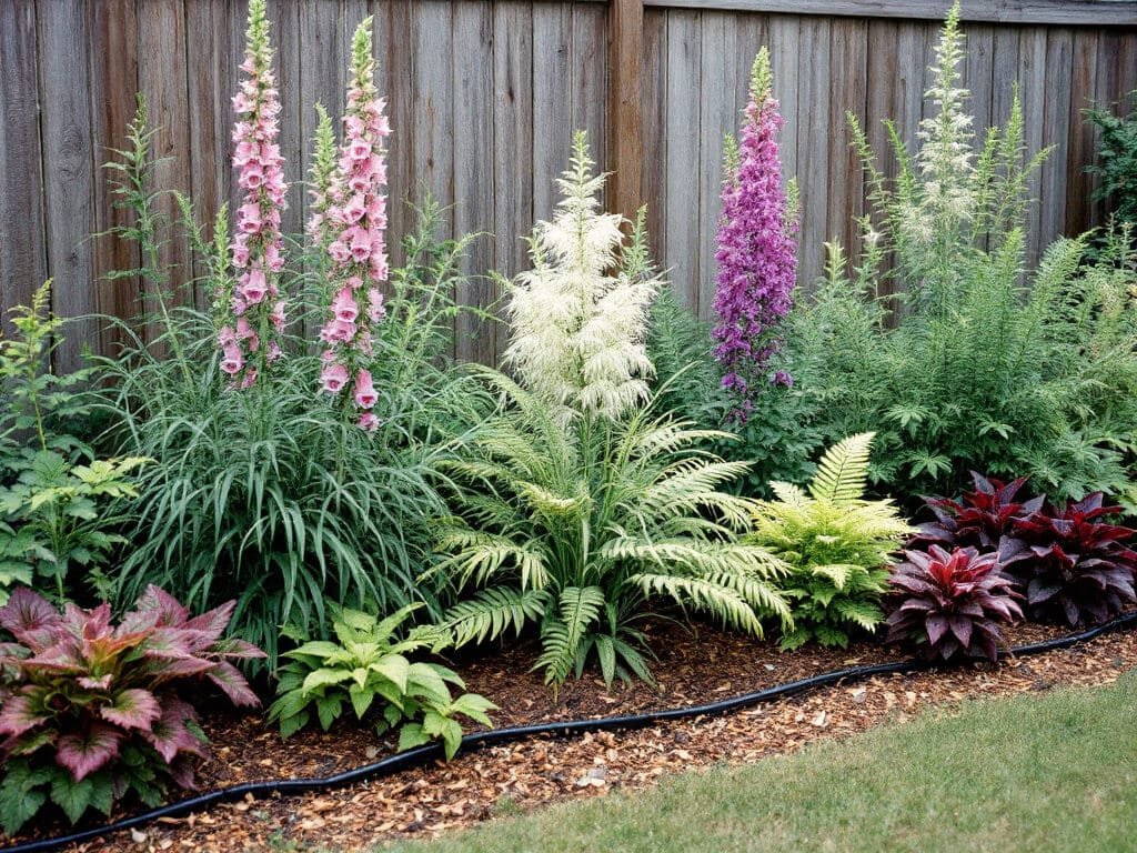 Layered shade border with foxglove at the back, astilbe in the middle, and coral bells and ferns in front, spaced apart.