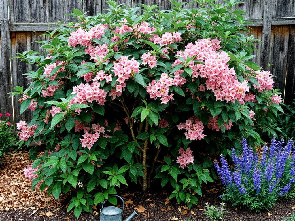 Pink-flowered weigela shrub with purple coneflower and blue salvia growing together in a mulched home garden border.