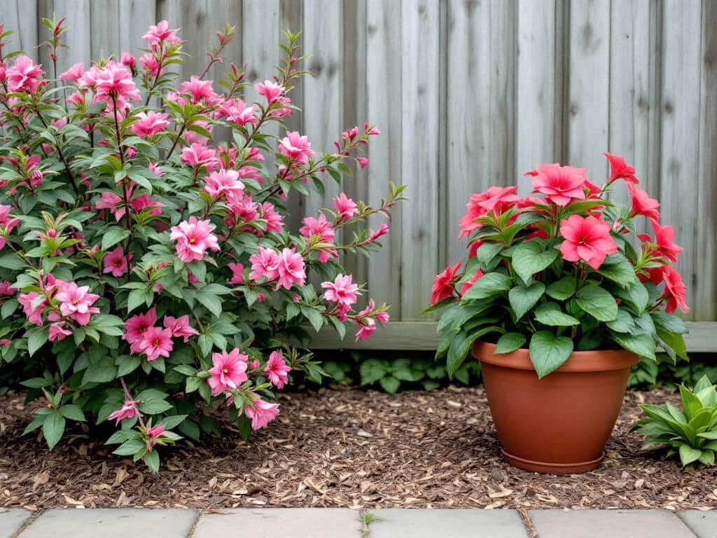 A weigela shrub in a sunny bed and a separate pot of drooping coral impatiens placed several feet apart.