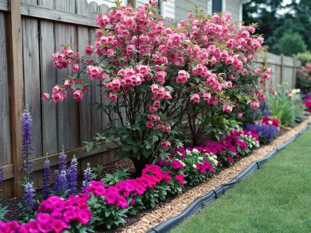 Weigela at the back of a garden bed with coneflower, salvia and petunias planted in front, spaced clear of its base.