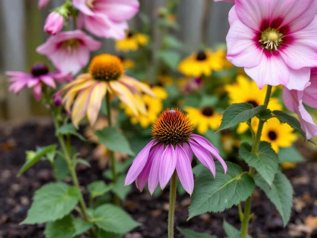 Pink hollyhock blooms behind purple coneflower and black-eyed Susan in a home garden border.