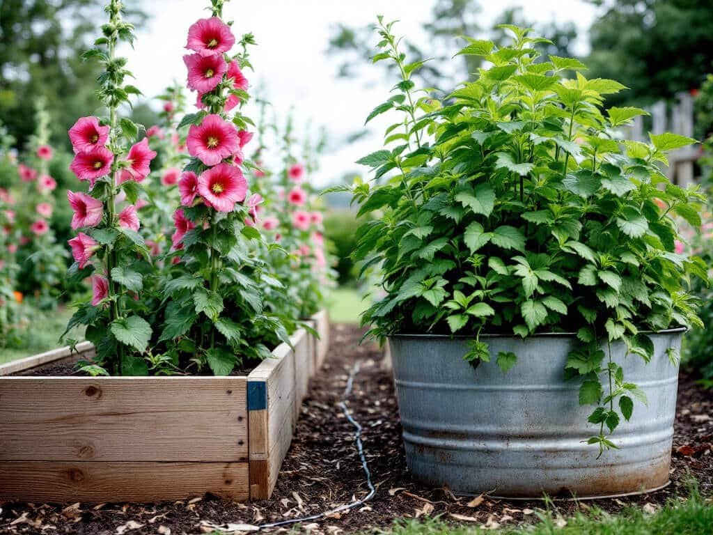Hollyhocks in a raised bed beside a separate tub of spreading mint in a home garden.