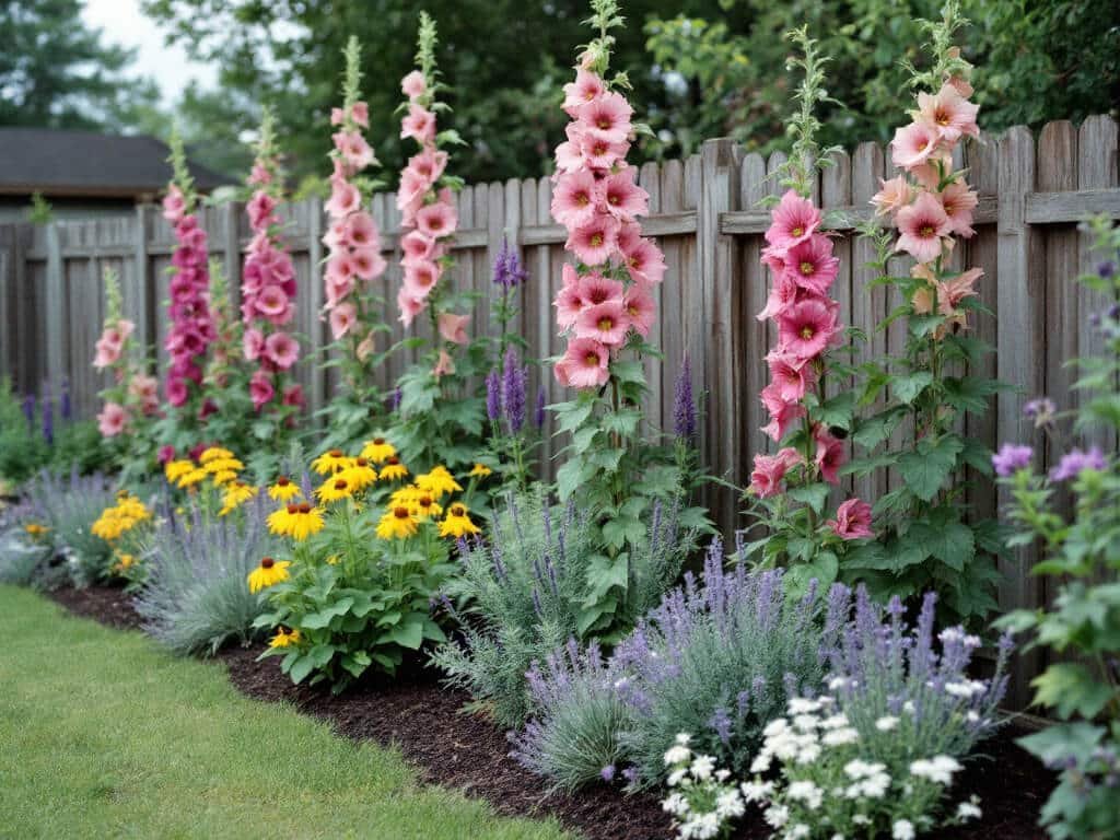 Tiered garden border with hollyhocks at the fence and coneflowers, lavender, catmint and alyssum in front.