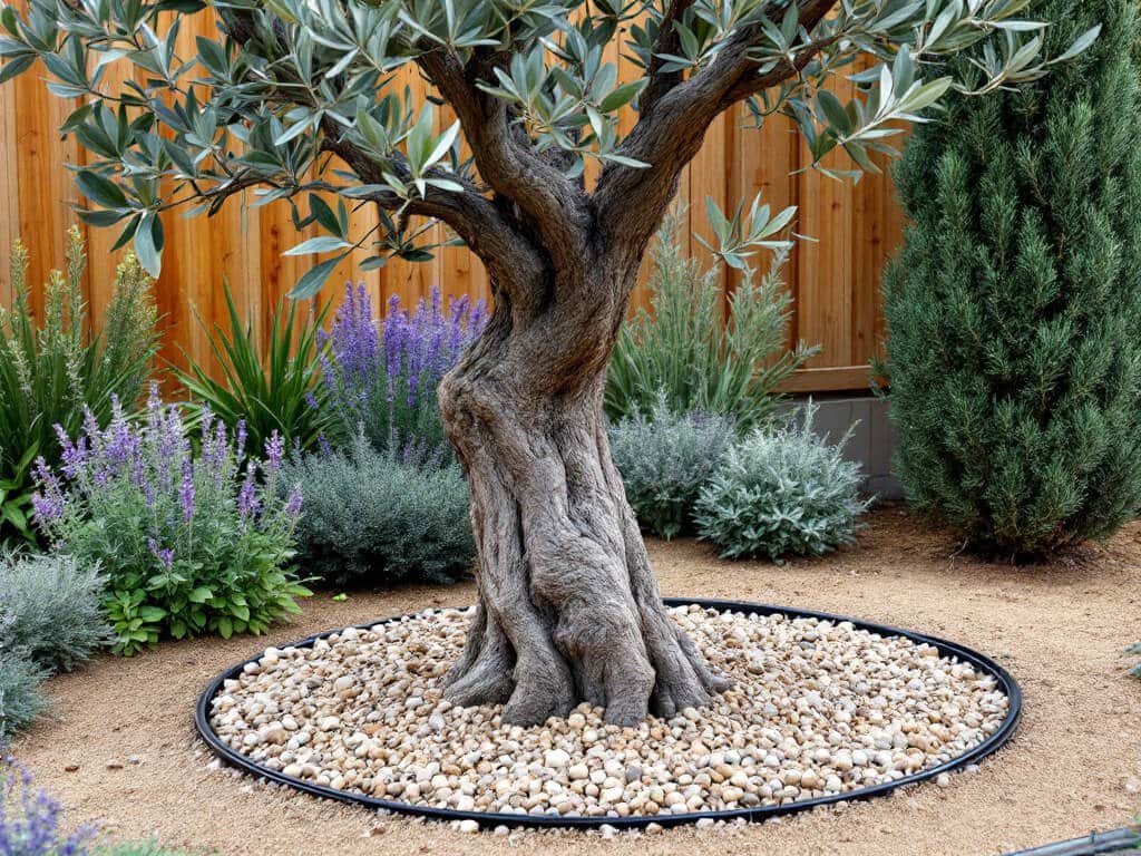 Olive tree growing in a gravel-mulched bed with lavender, catmint, thyme, and rosemary planted around it.