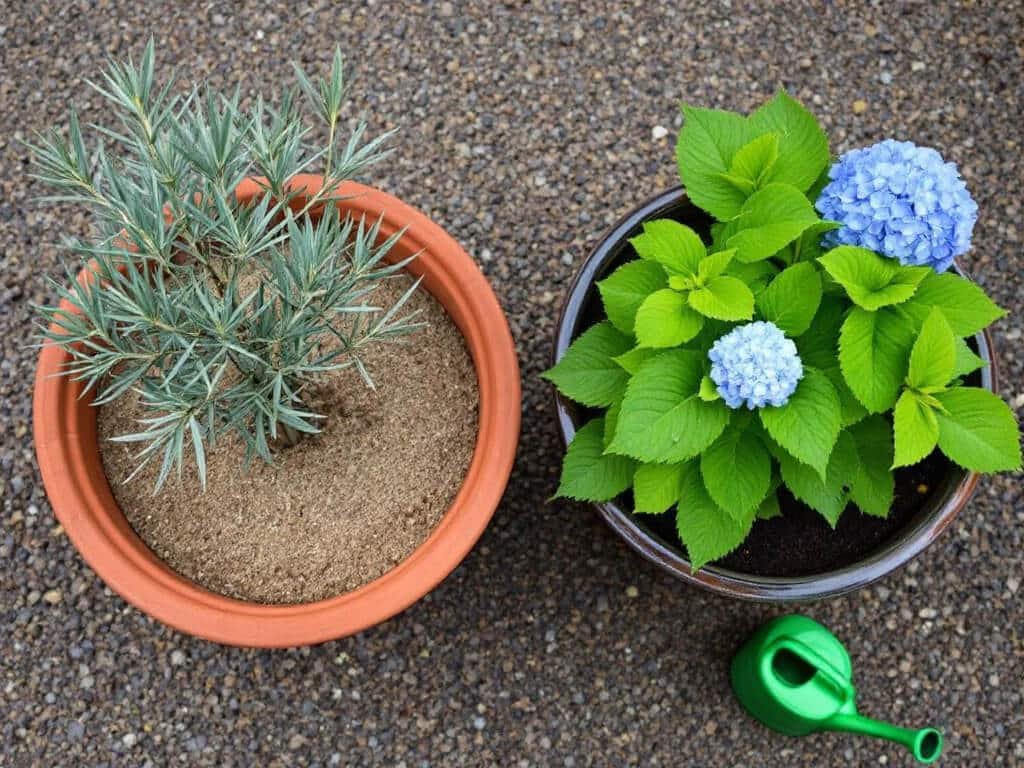 Olive tree in a dry terracotta pot beside a hydrangea in a separate pot with damp soil on a patio.