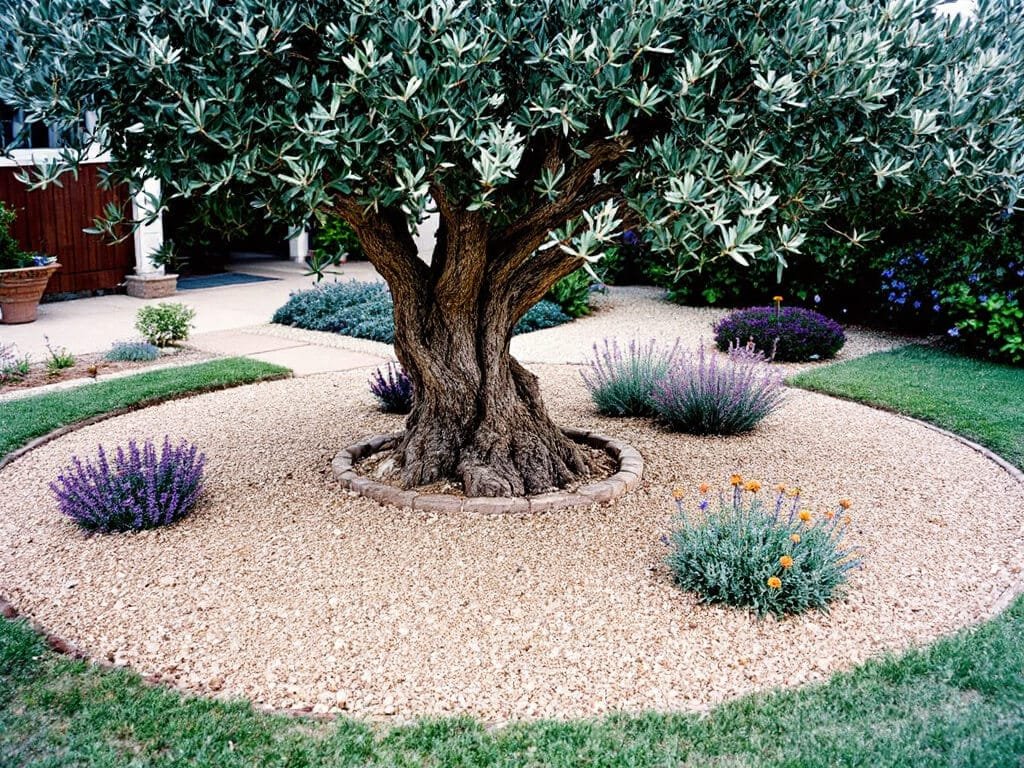 Olive tree in a garden bed with a bare gravel ring and spaced lavender, cistus, echinacea, thyme, and borage.
