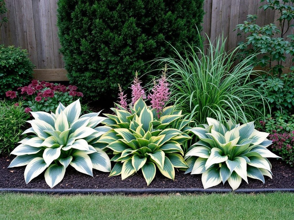Layered shade border with hostas in front, astilbe, forest grass and coral bells beside them, and a rhododendron behind.