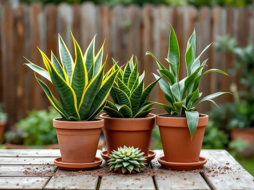 Snake plant, ZZ plant, and haworthia in separate terracotta pots grouped on a wooden patio table outdoors.
