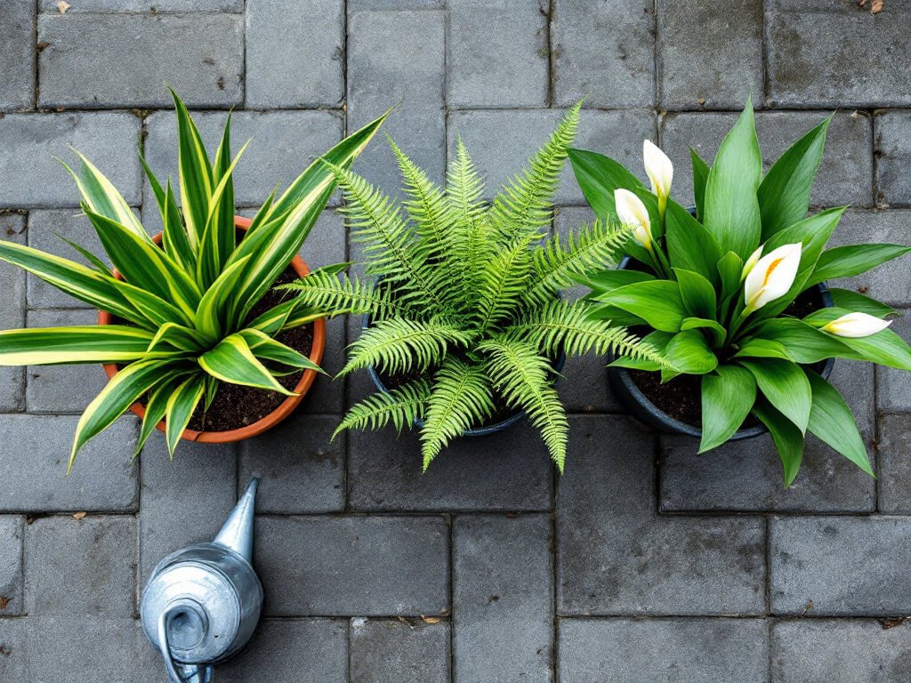 Snake plant, Boston fern, and peace lily in three separate pots in a row on a patio, seen from above.