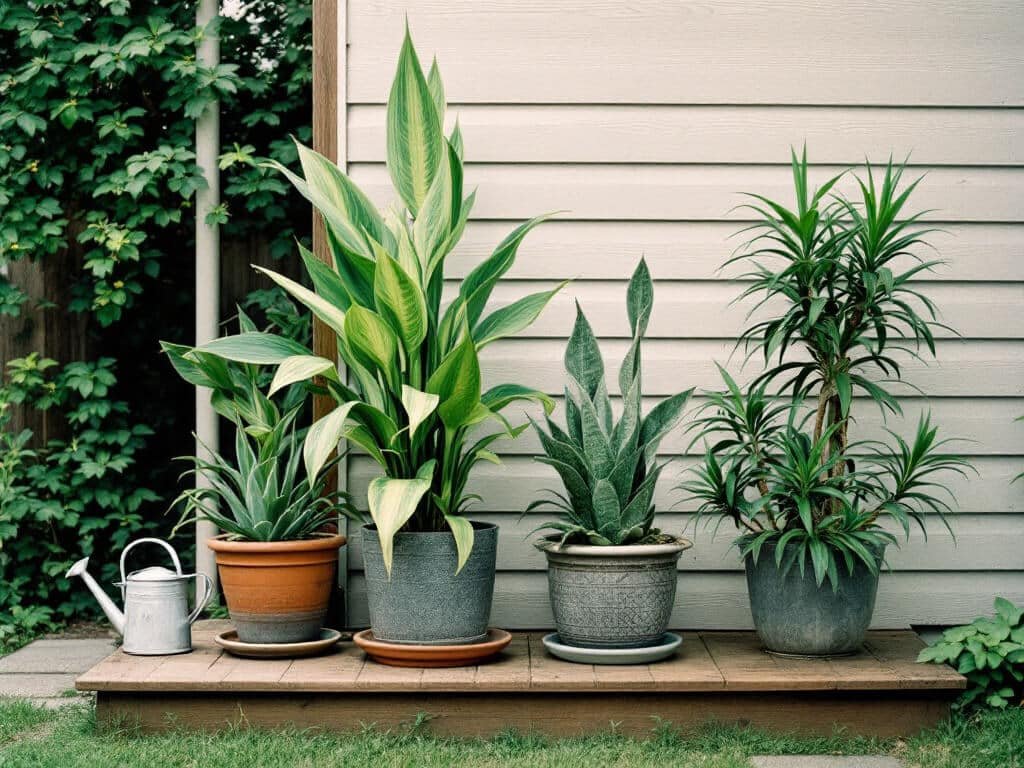 Snake plant, ZZ plant, aloe, and jade plant in separate spaced pots arranged on an outdoor wooden deck.