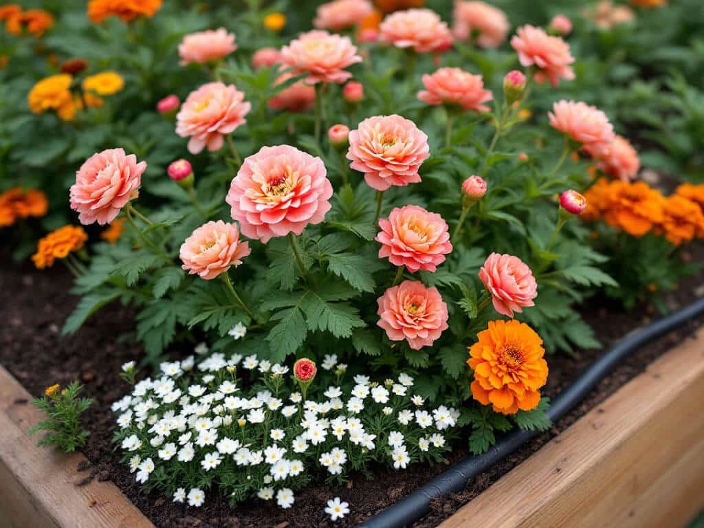 Coral ranunculus in a raised bed with white sweet alyssum and orange French marigolds planted nearby.