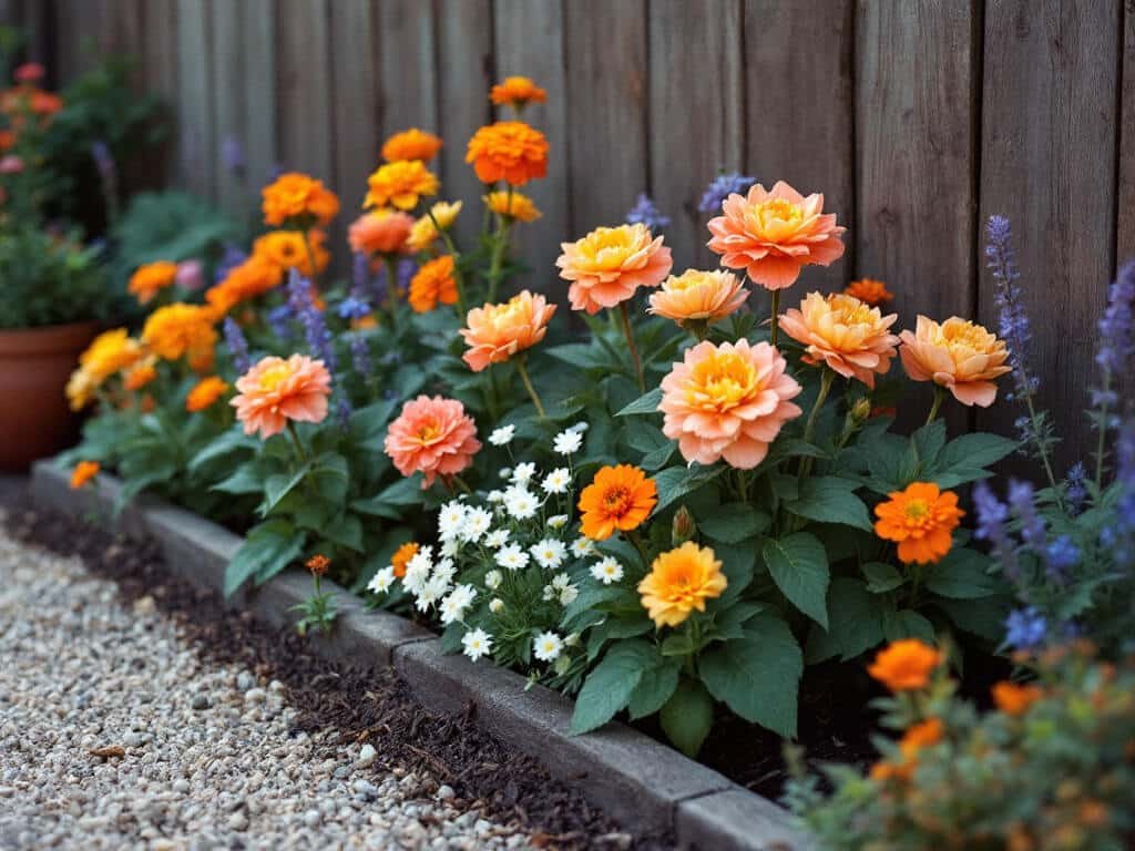 Garden bed layout with ranunculus at center, sweet alyssum and nasturtium nearby, scabiosa and linaria behind.