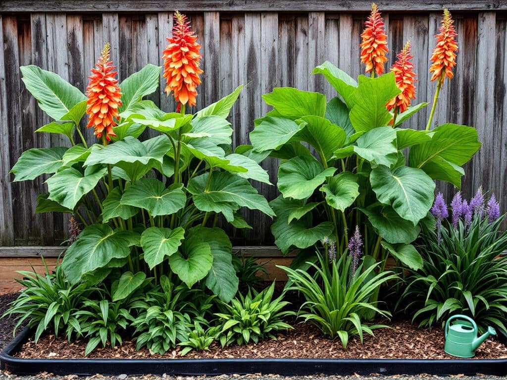 Canna lilies with red-orange flowers growing beside elephant ear and a liriope edging in a mulched raised garden bed.