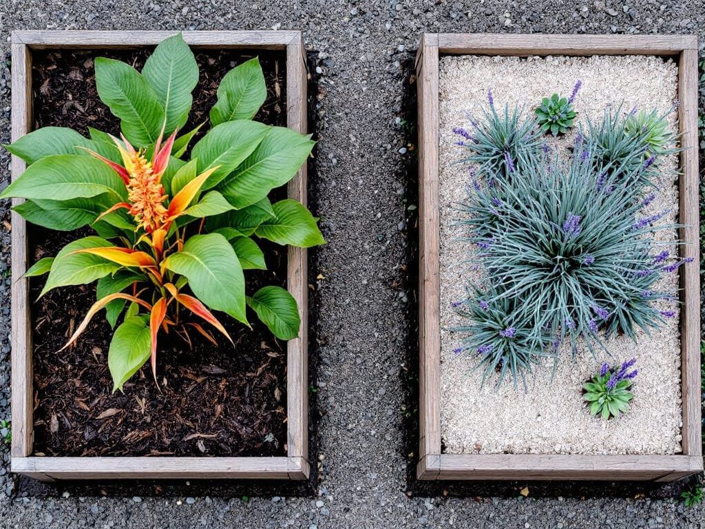 Canna lilies in a damp mulched raised bed beside a separate gravel bed of lavender and hens-and-chicks succulents.