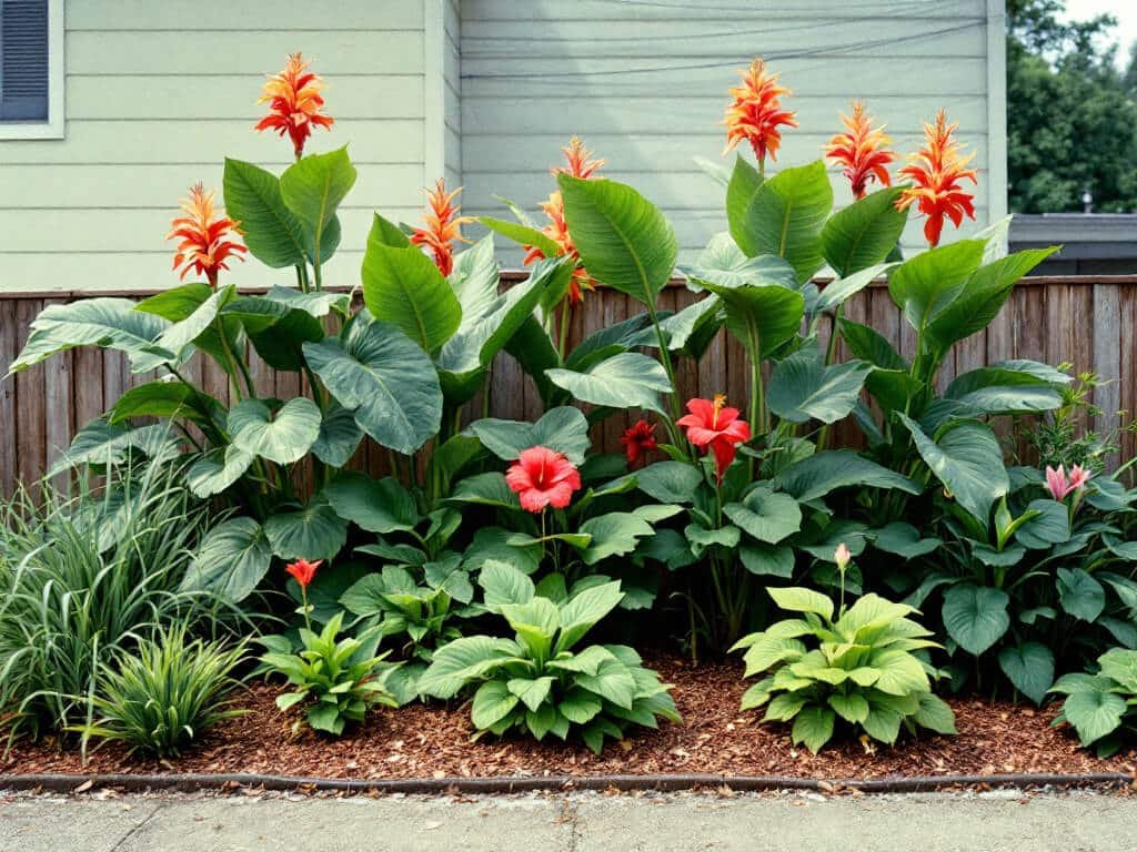 Garden border with tall canna lilies at the back, hibiscus and elephant ear at the sides, and liriope and bergenia in front.