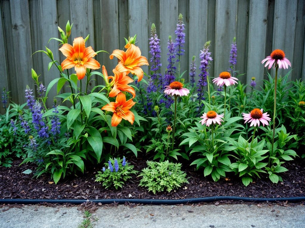 Orange daylilies growing in a garden border with purple salvia, pink coneflowers, and catmint along the front edge.