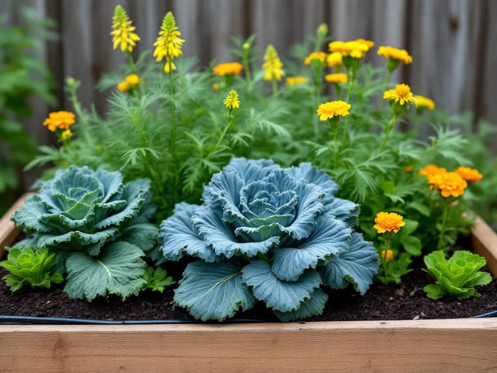 Curly kale growing in a raised bed with flowering dill, orange marigolds, and lettuce along a drip line.