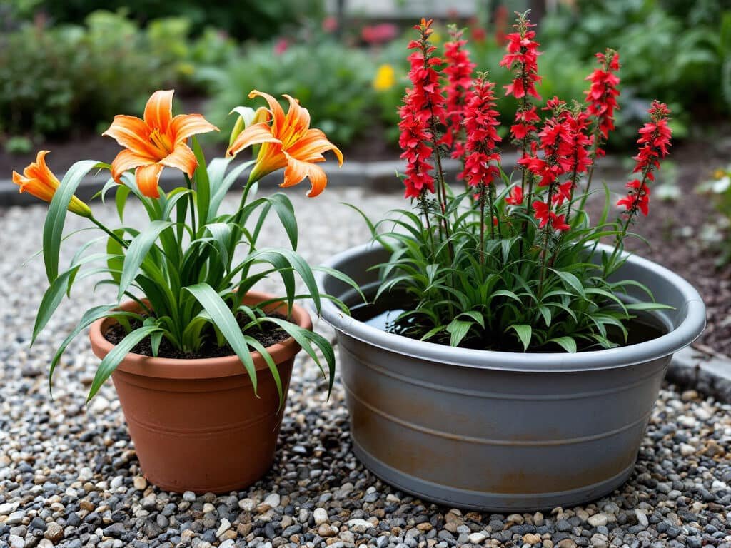 A daylily in a terracotta pot beside a separate tub of cardinal flower standing in water on a patio.