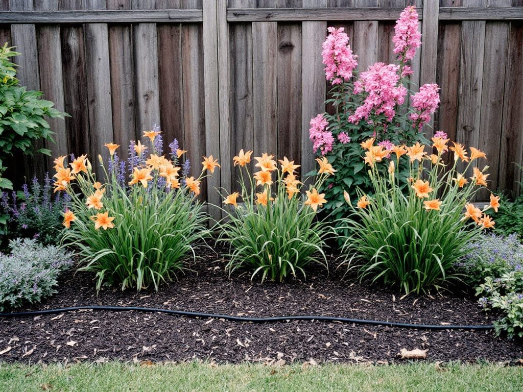 A garden border with spaced daylily clumps, catmint at the front, and tall garden phlox behind along a fence.