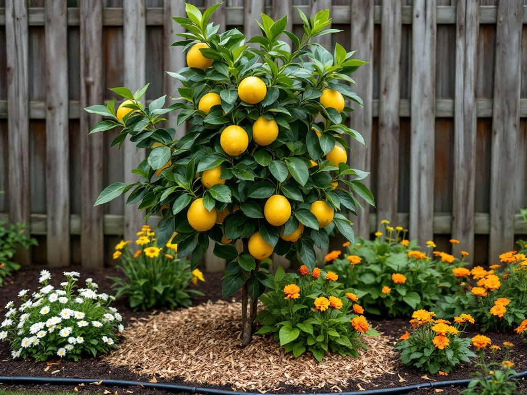 Lemon tree with sweet alyssum, calendula, and nasturtium growing at the drip line over a mulched base.