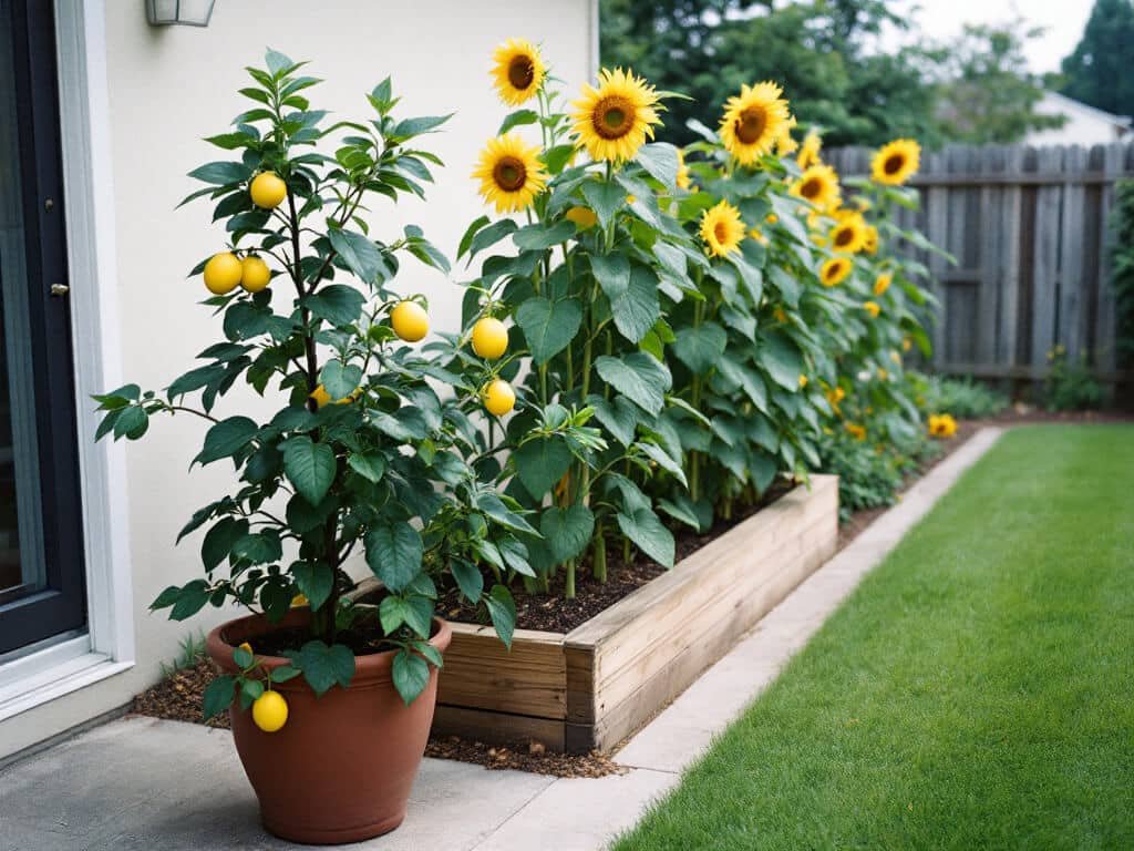 Potted lemon tree beside a separate bed of tall sunflowers and a strip of lawn grass in a home garden.