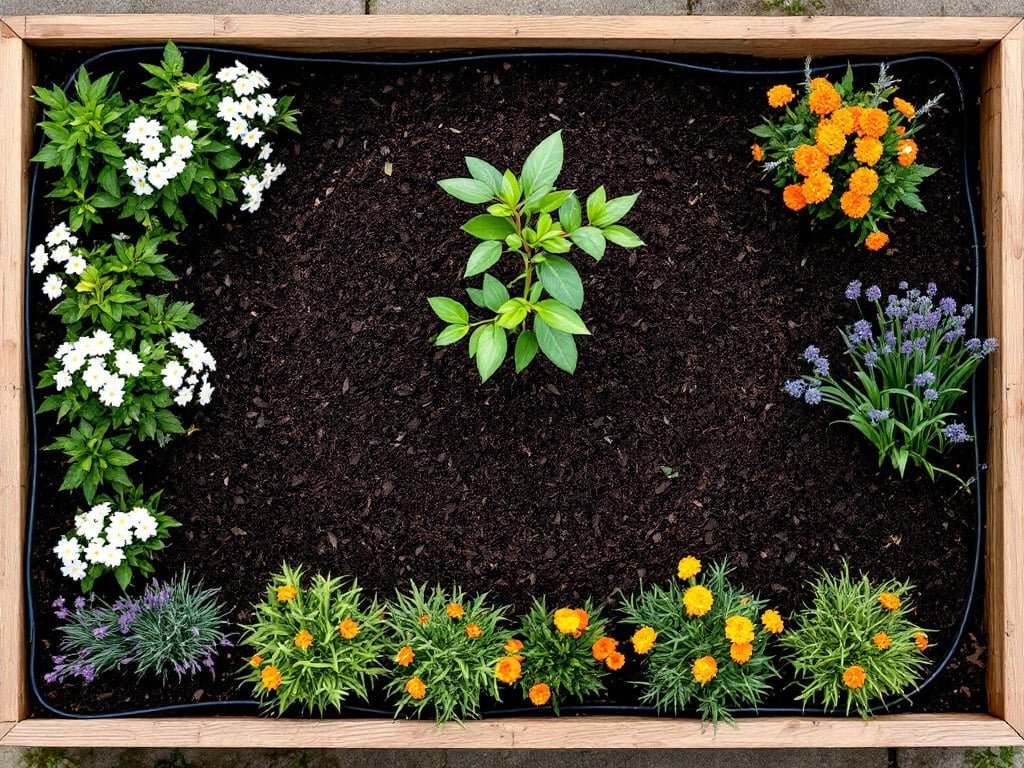 Overhead view of a young lemon tree in a raised bed with a clear mulch ring and alyssum, marigolds, and chives at the edge.
