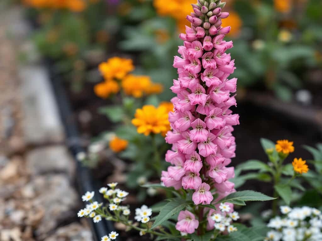 Pink snapdragon spike growing beside orange calendula and white sweet alyssum in a mulched raised bed.
