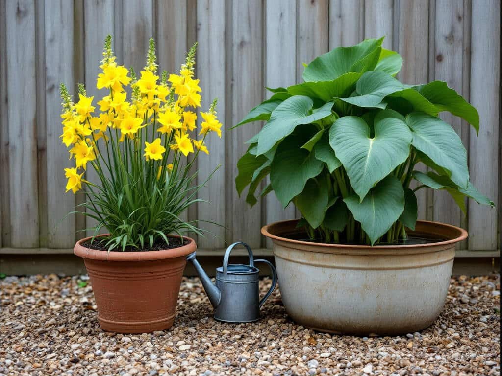 A snapdragon in a dry terracotta pot beside a separate tub of taro standing in water on a patio.
