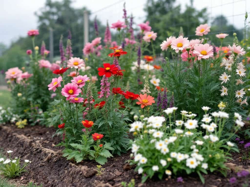 Garden bed with snapdragons in the middle, dahlias and cosmos behind, and alyssum and verbena in front.