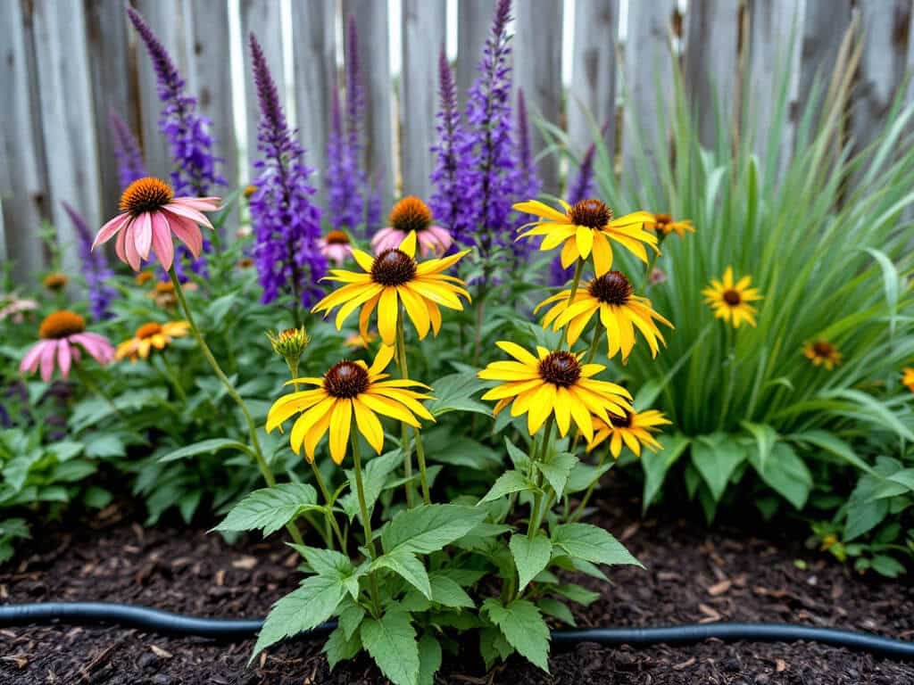 Black eyed Susan growing with purple coneflower, salvia, and switchgrass in a sunny home garden border.