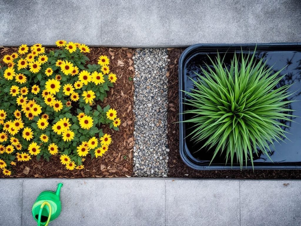 Black eyed Susan in a well-drained raised bed beside a separate tub of umbrella sedge standing in water.