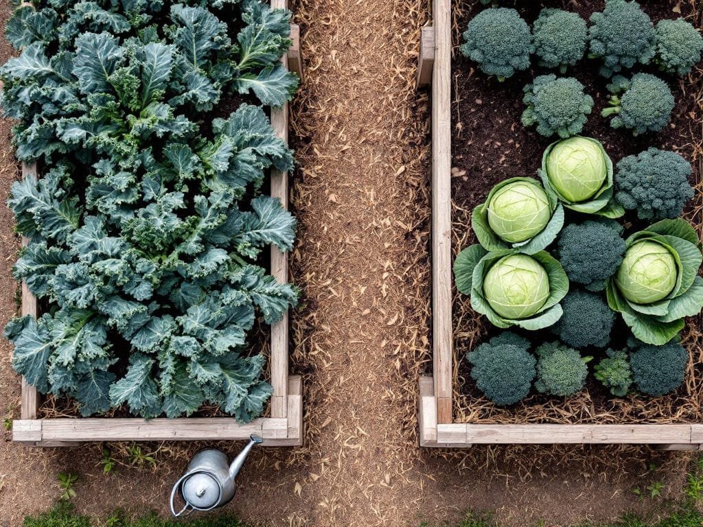 Kale in one raised bed and cabbage and broccoli in a separate bed, seen from above with a path between them.