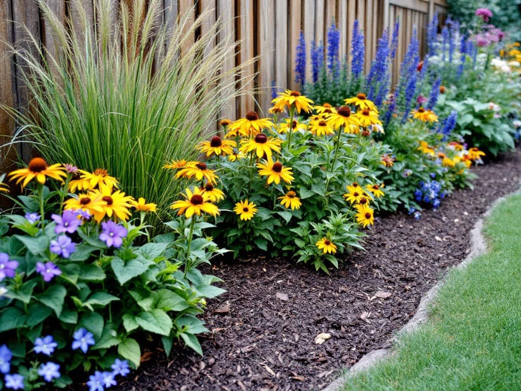 Tiered garden border with cranesbill in front, black eyed Susan and coneflower in the middle, grasses and delphinium behind.