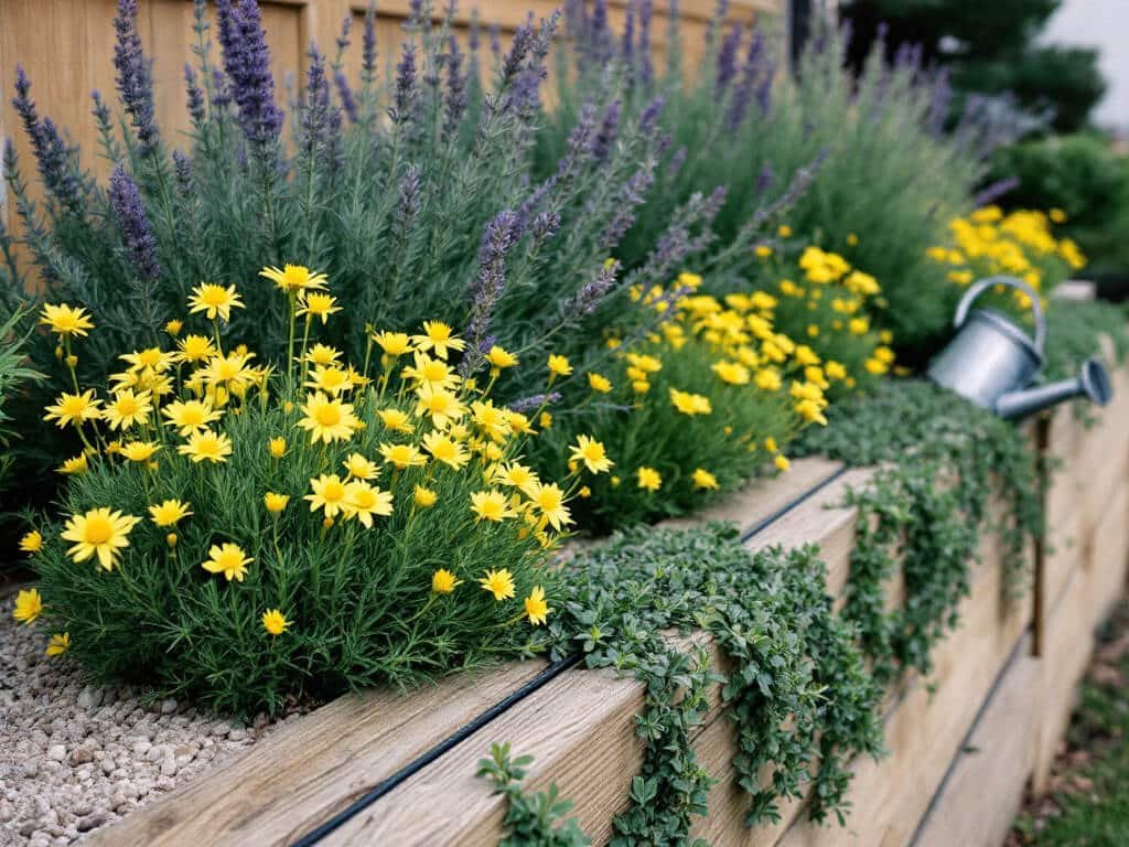 Threadleaf coreopsis blooming beside lavender and creeping thyme in a gravel-mulched raised garden bed.