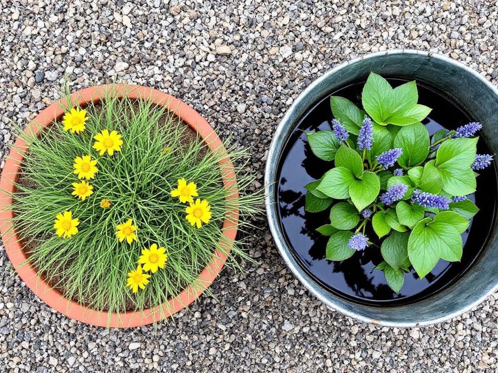 A pot of dry-soil coreopsis beside a tub of water-loving pickerelweed on a gravel patio.