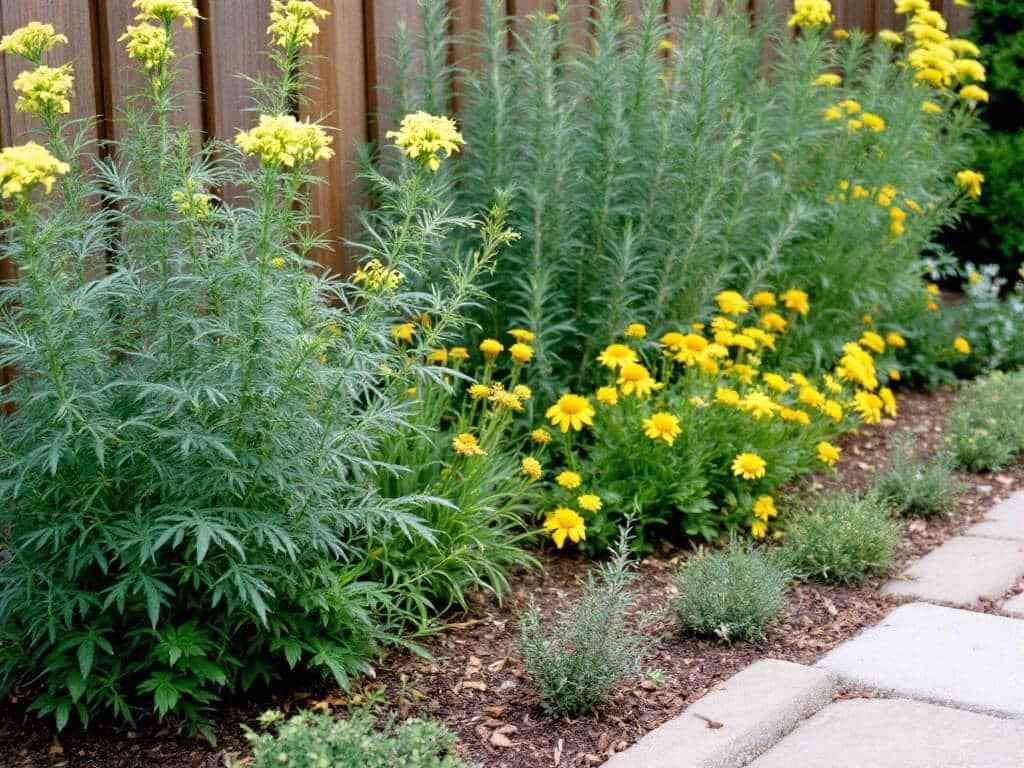 Garden border with dill at the back, coreopsis and rosemary in the middle, and thyme at the front, spaced apart.