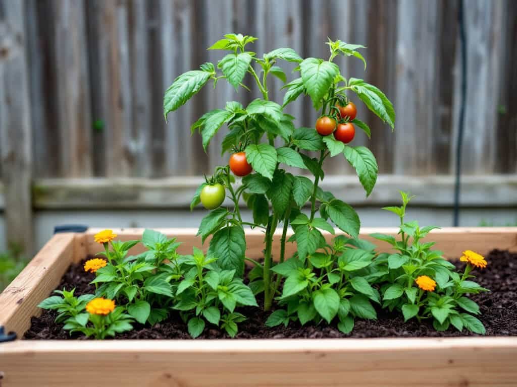 Tomato plant with basil and orange calendula growing together in a raised garden bed with a drip line.