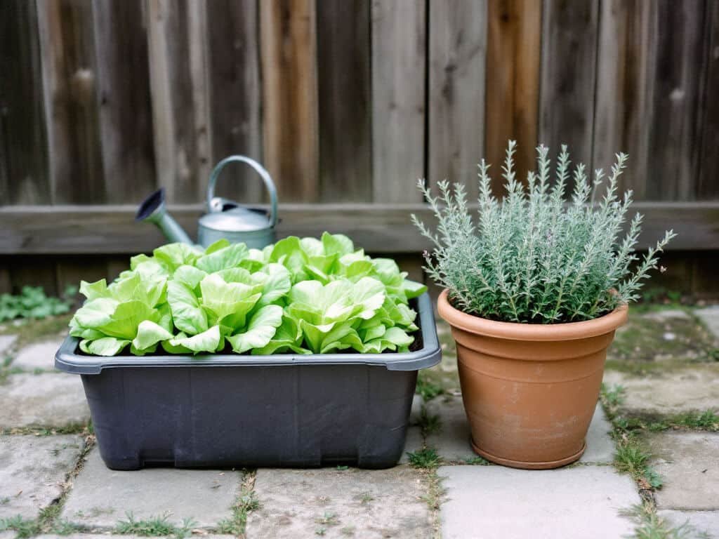 Butterhead lettuce in a planter beside a separate pot of thyme on a patio, showing different moisture needs.